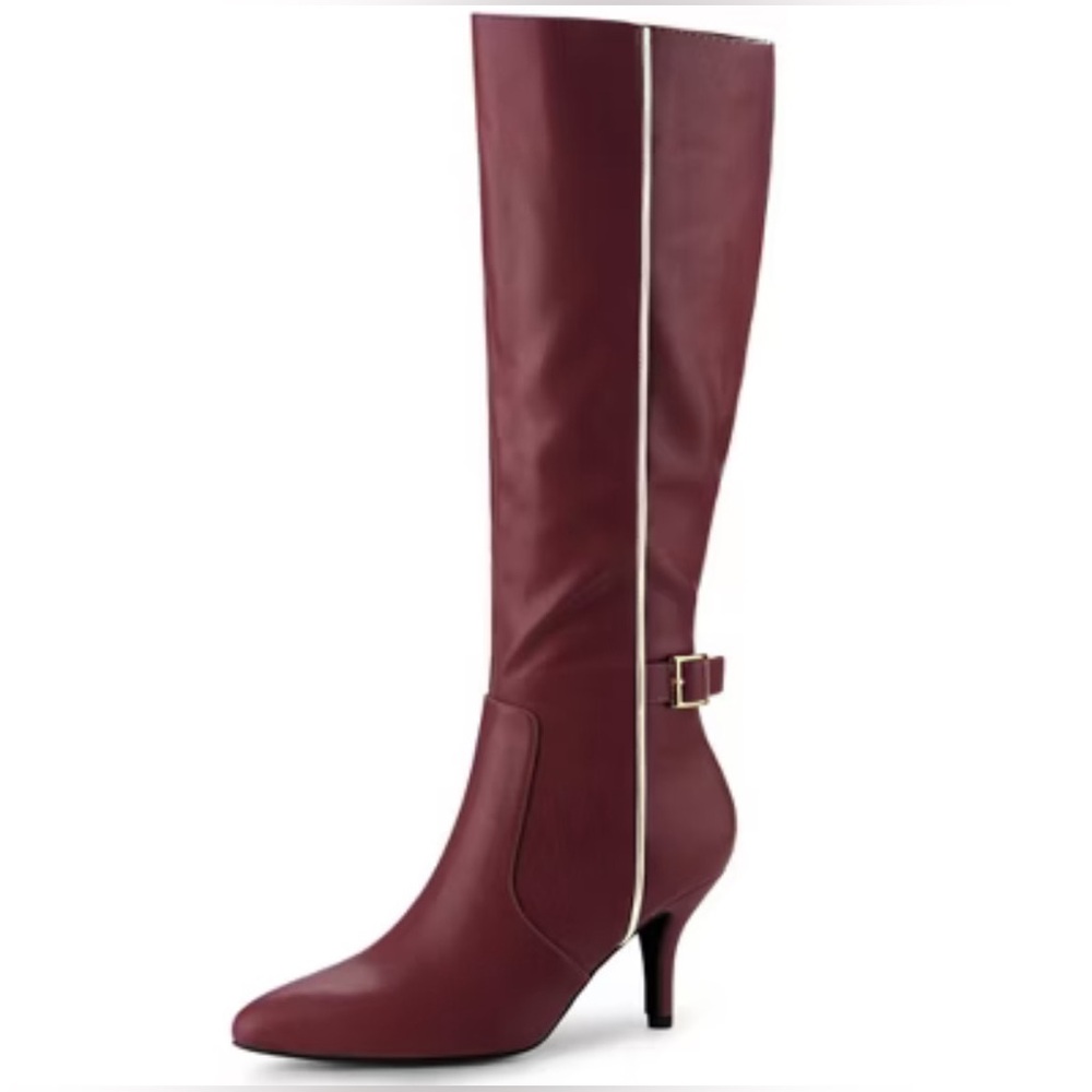 Allegra K Burgundy Heeled Boots with Gold Trim 7.5